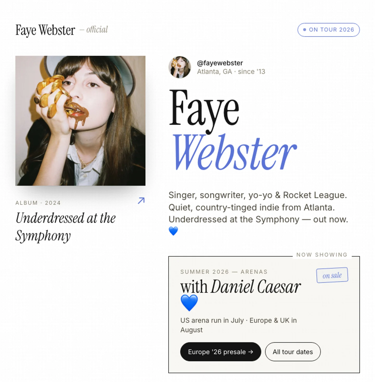 Faye Webster — Underdressed at the Symphony / Daniel Caesar 2026 tour bio