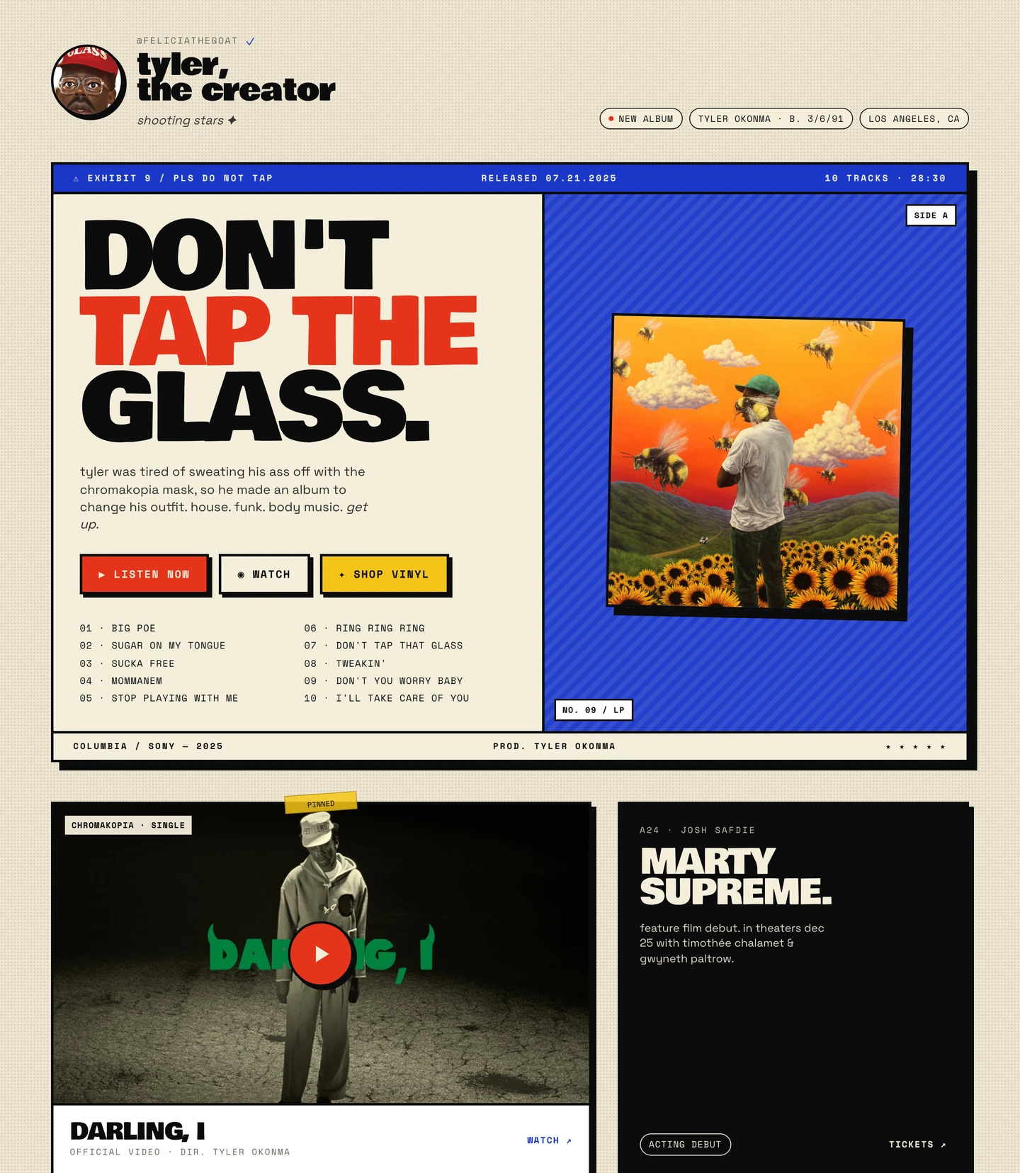 Tyler, the Creator — DON'T TAP THE GLASS multi-color art-direction bio